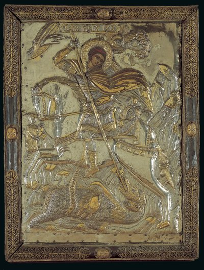 Icon of St. George Slaying a three-headed dragon by Greek School